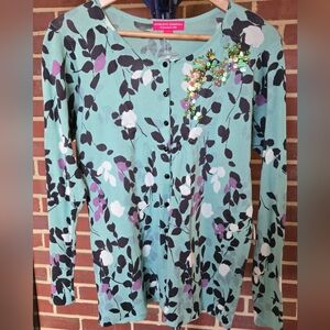 Charlotte Tarantola Floral EMBELLISHED 100% Cotton Cardigan Sweater Sz M NEW